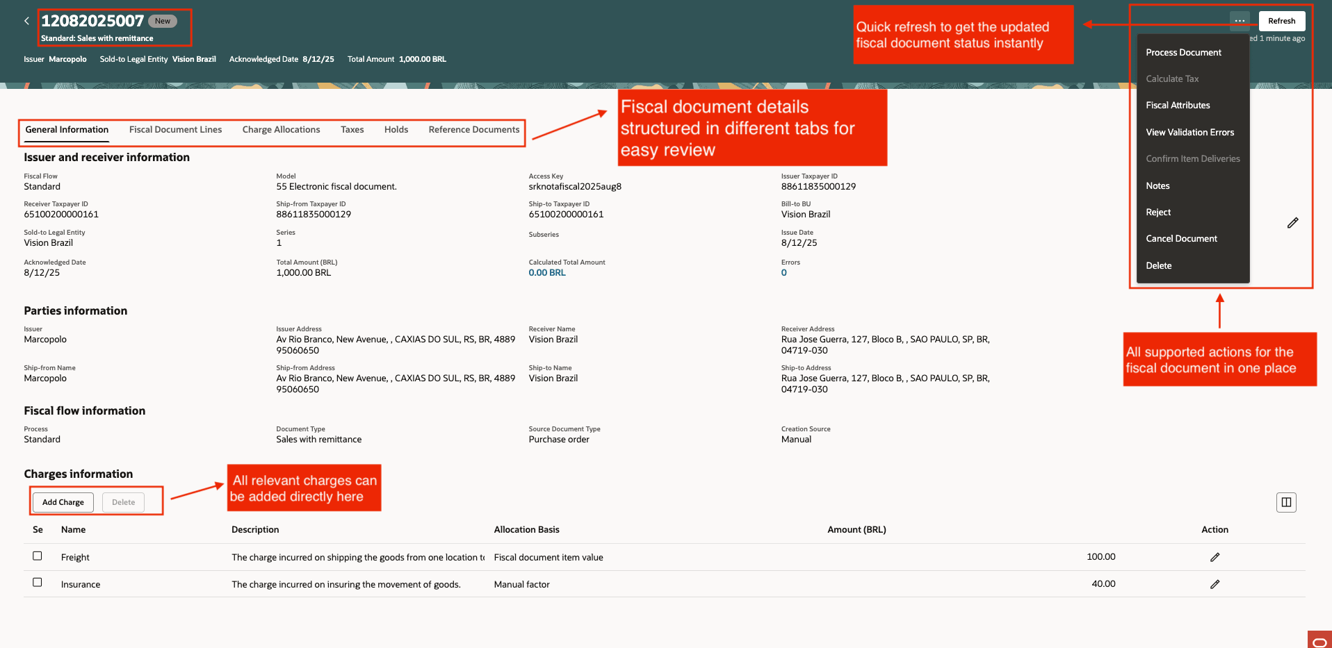 図3: サポートされている処理を含む会計文書詳細ページ。