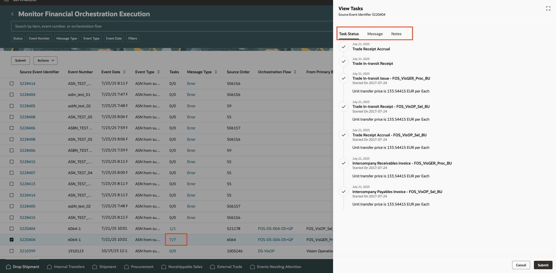 図2 - Redwood UIのタイムラインを含むオーケストレーション・タスクのステータスをクイック・プレビューします。