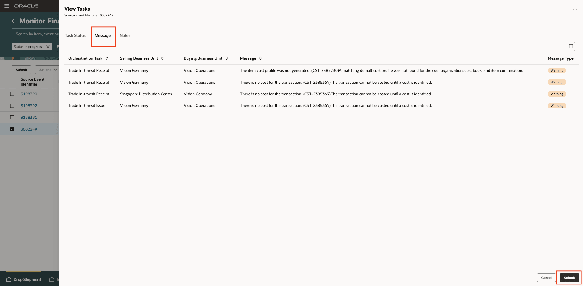 図3 - Redwood UIでクイック処理を使用してエラーまたは警告をレビューします。
