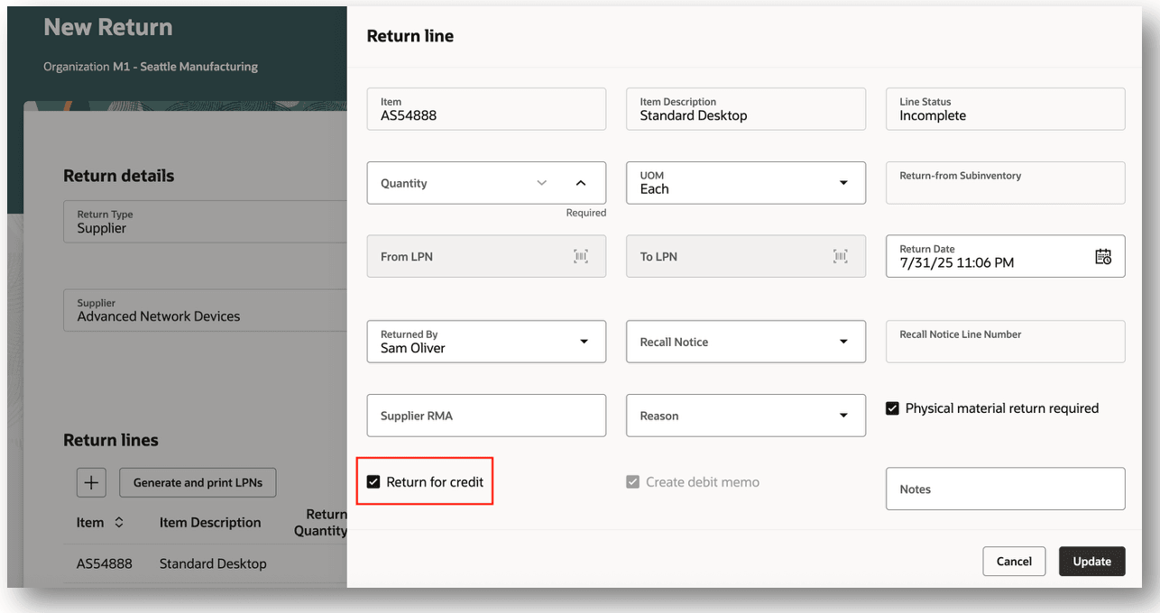 クレジット返品