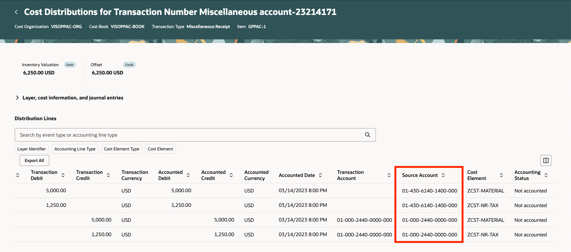 スタンプされたソース勘定科目を示す配分