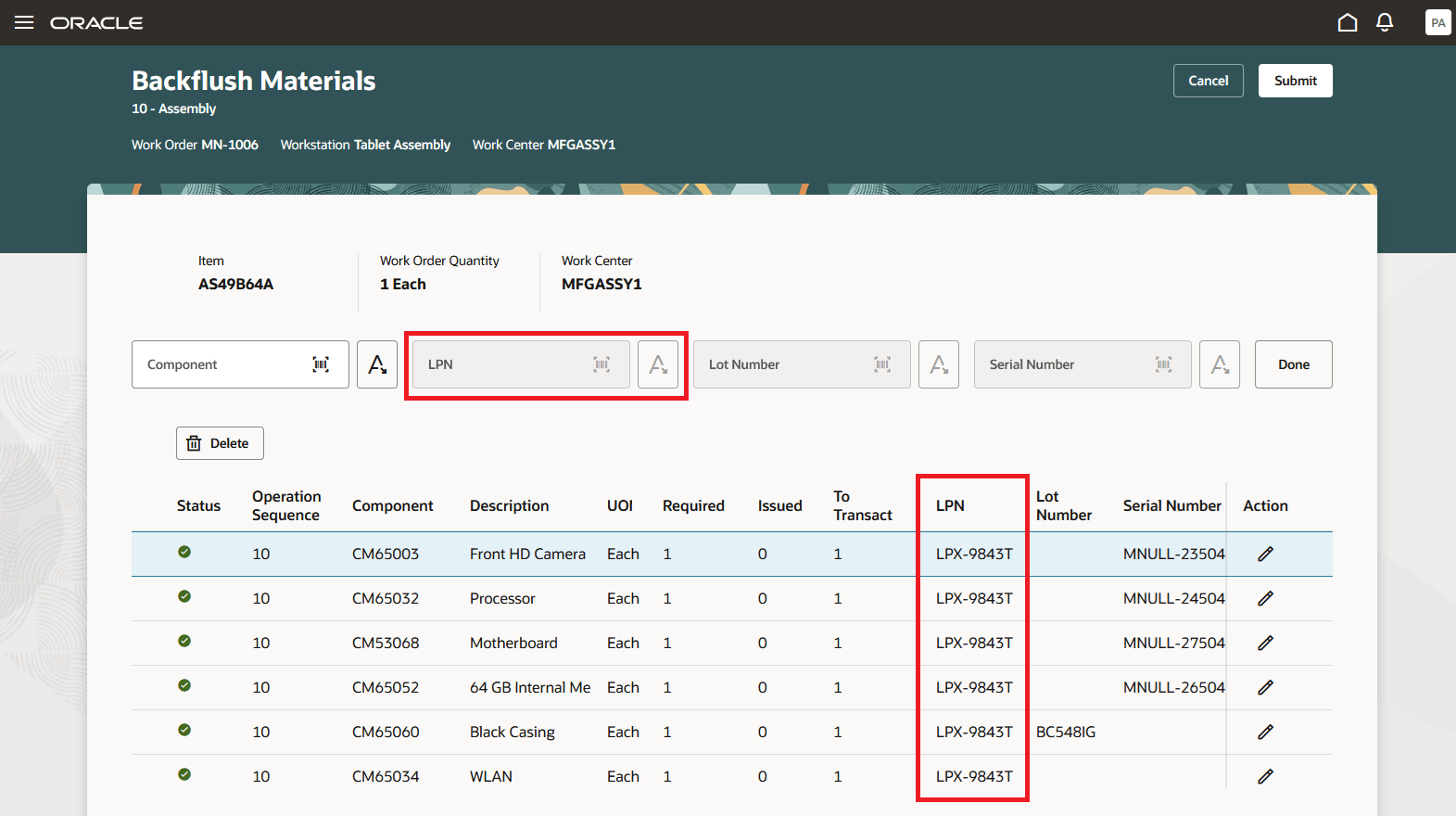 オペレータ・ワークベンチによるワークステーションでの工程完了の報告中に資材のLPNをスキャンまたは選択