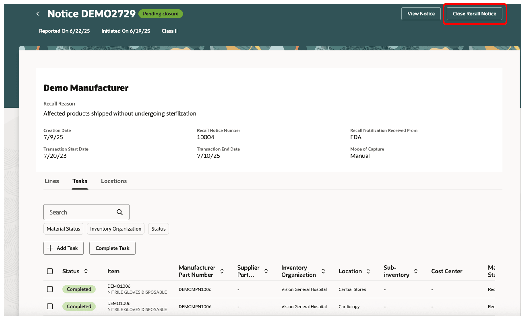 リコール通知の手動クローズ