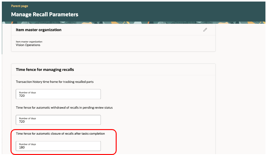 リコール・パラメータでのタイム・フェンスの構成