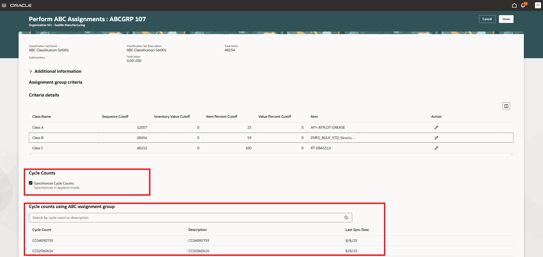 ABC割当の実行および循環棚卸の同期化UI