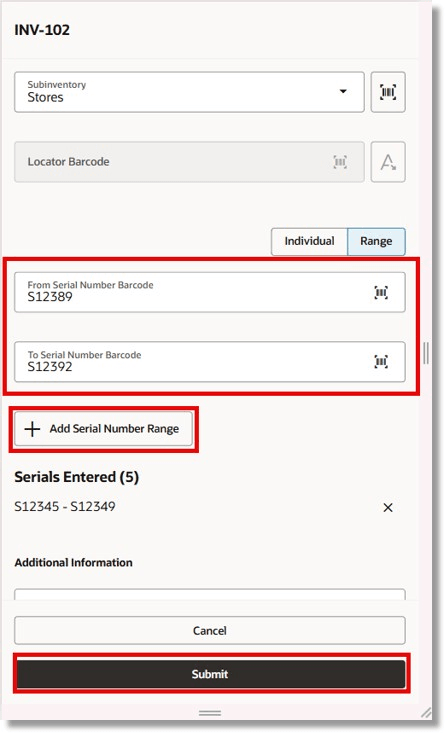 その他受入 - シリアル番号範囲の入力