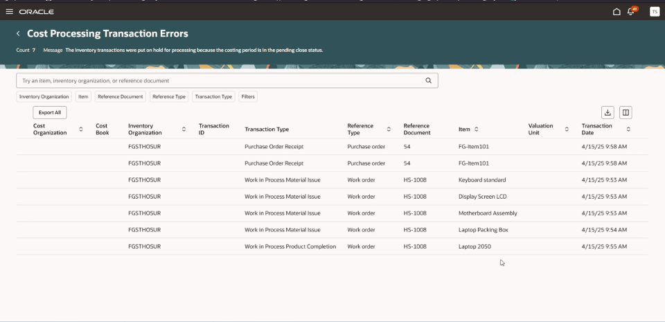 図3: 原価処理トランザクション・エラー