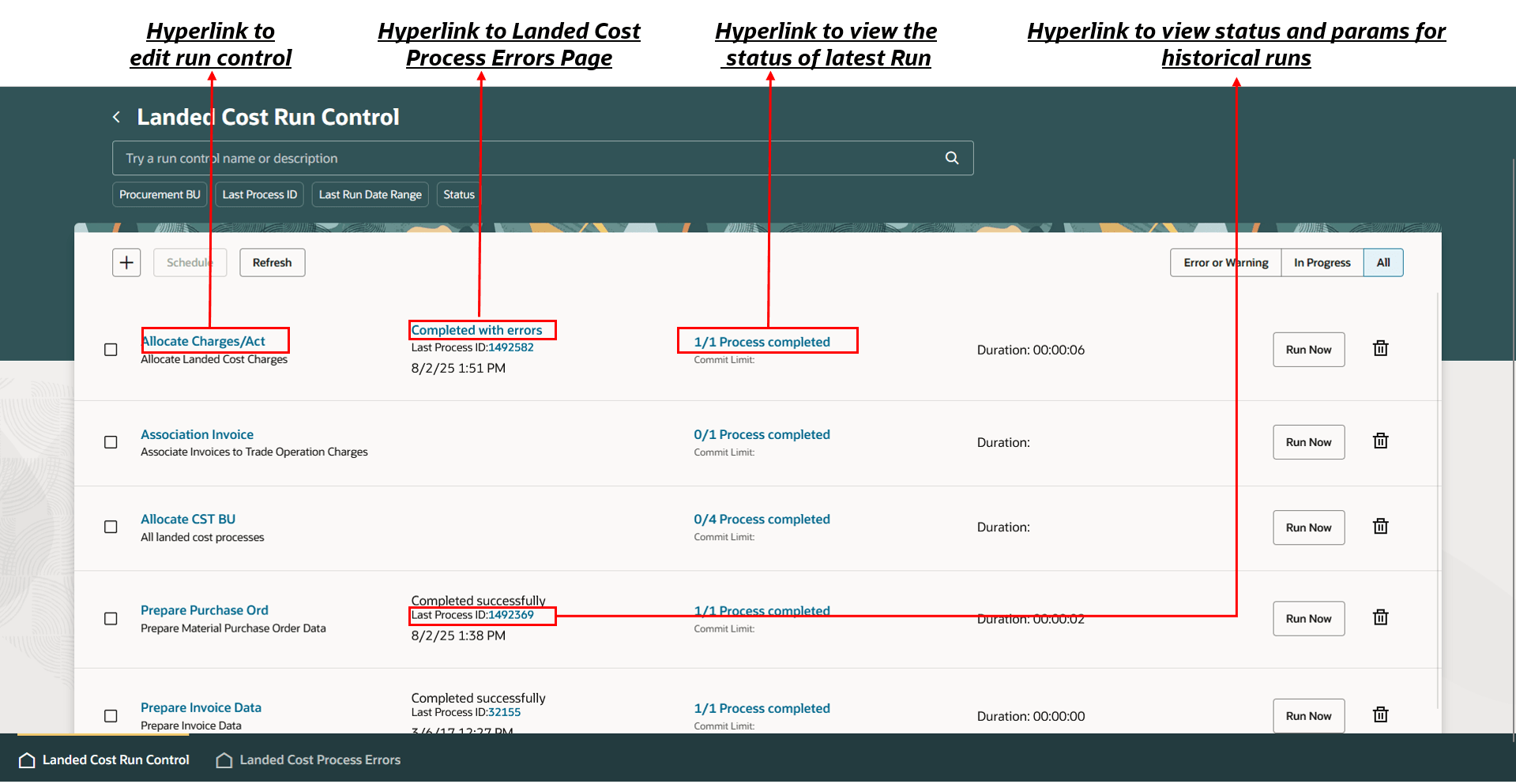 ナビゲーション詳細を含む「荷揚原価実行管理」ページ