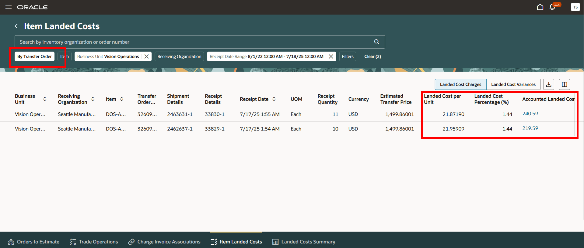 品目荷揚原価の表示のスクリーンショット