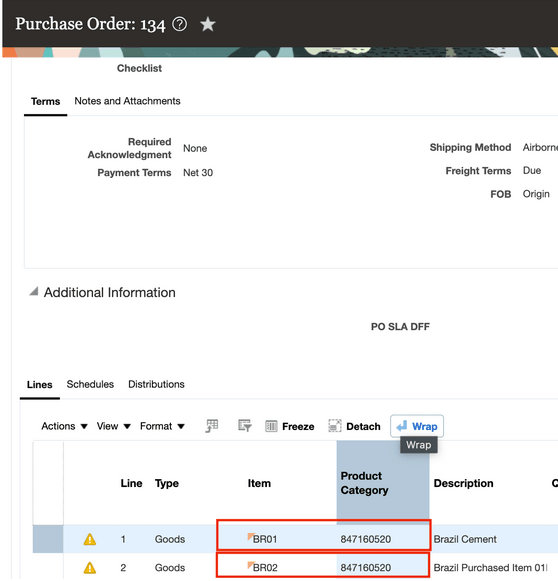 図1: 購買オーダーには、製品カテゴリの値が移入された2つの明細があります。