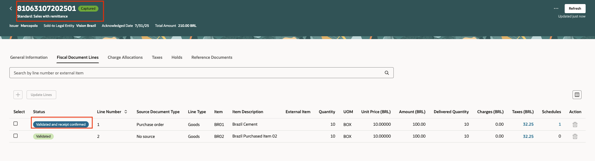 図3: 会計文書明細が検証され、受入が確認されました。