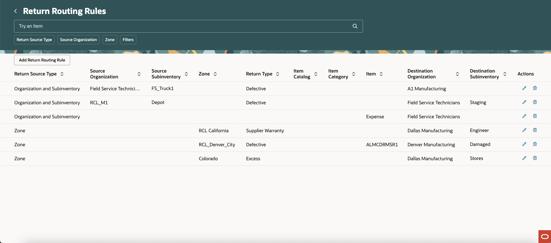 返品ルーティング・ルール検索ページ
