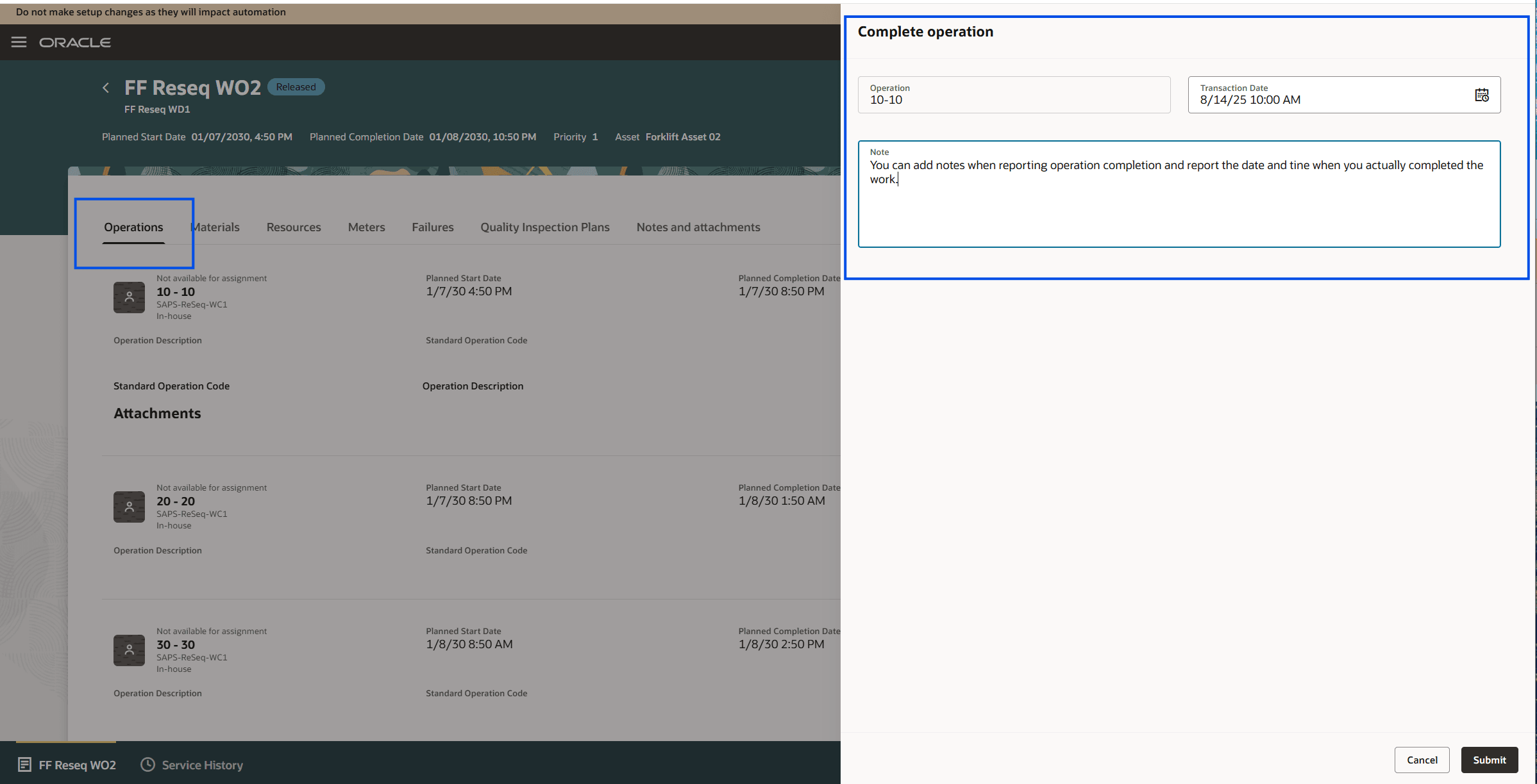 自分の保守作業 - 詳細のある工程の完了