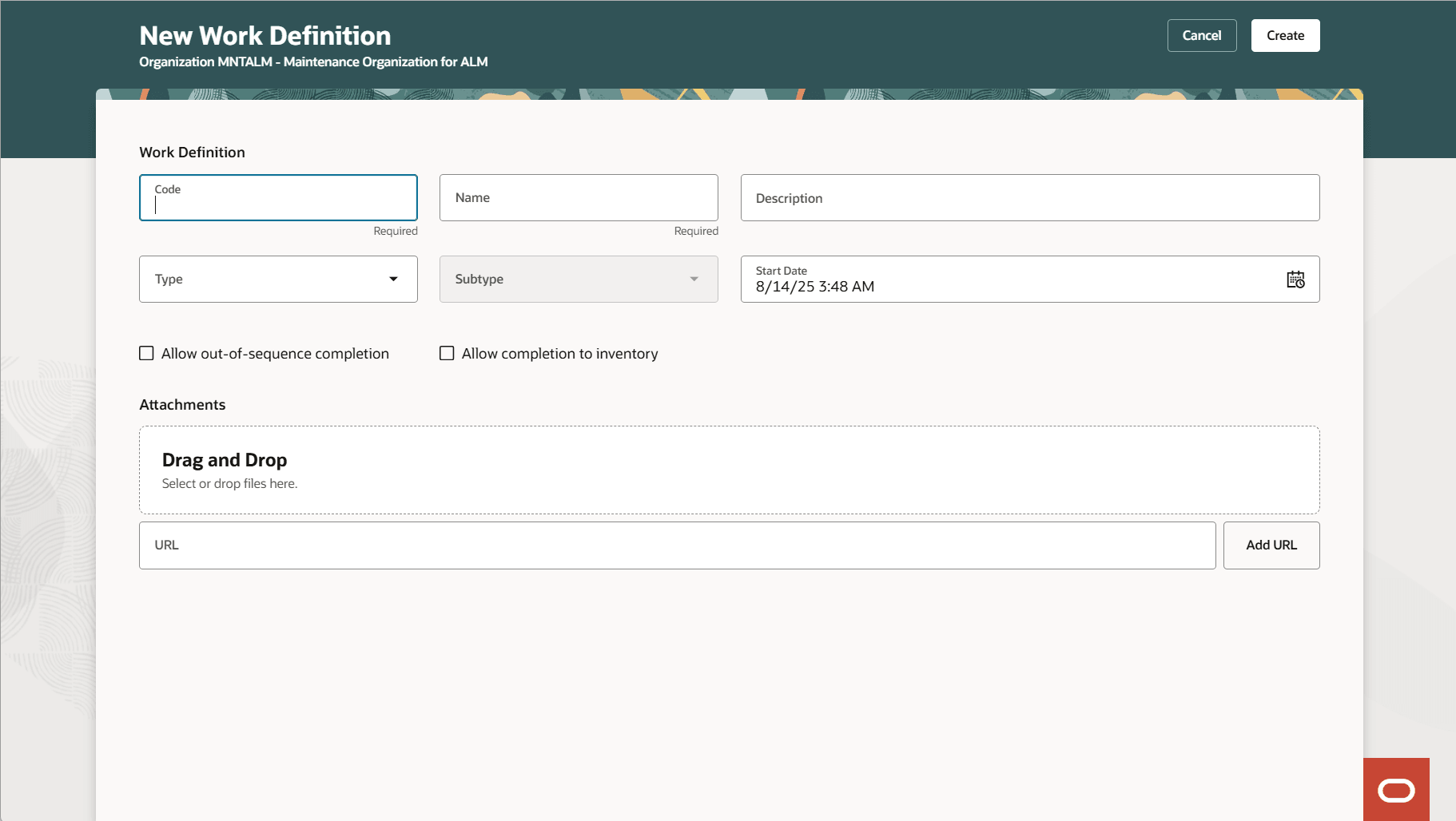 追加属性を使用した新規保守作業定義の作成