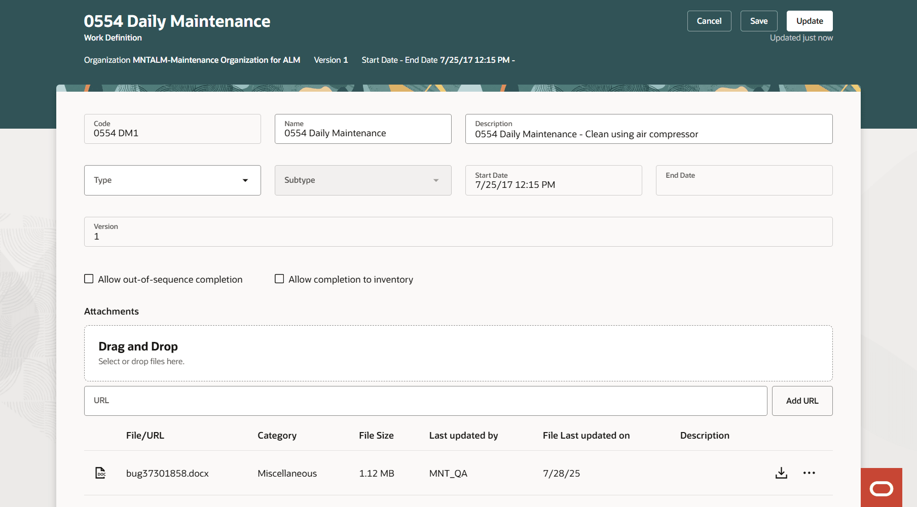 新しい属性を使用した保守作業定義の編集