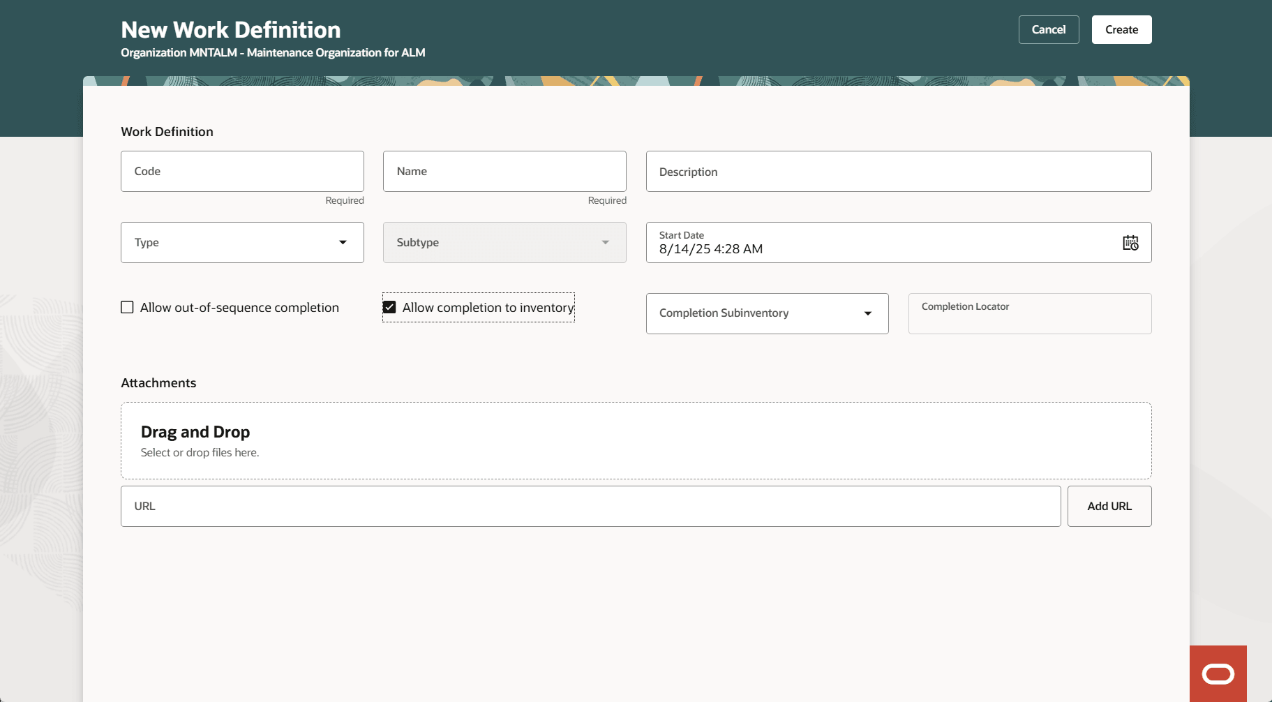 「在庫完了の許可」フラグが選択されている場合の完了保管場所および保管棚の追加フィールド。