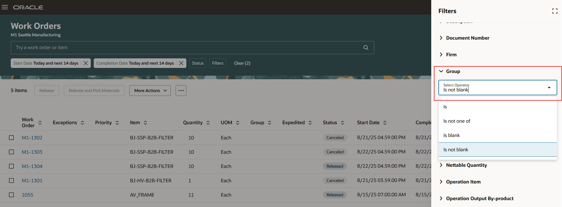 グループ名を使用した作業オーダーの検索