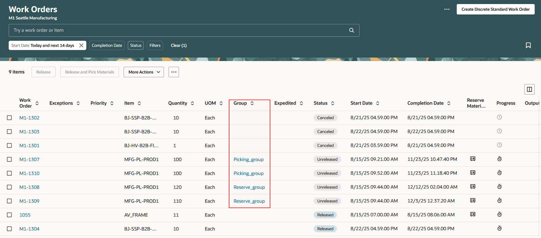 グループ名に基づく作業オーダー検索