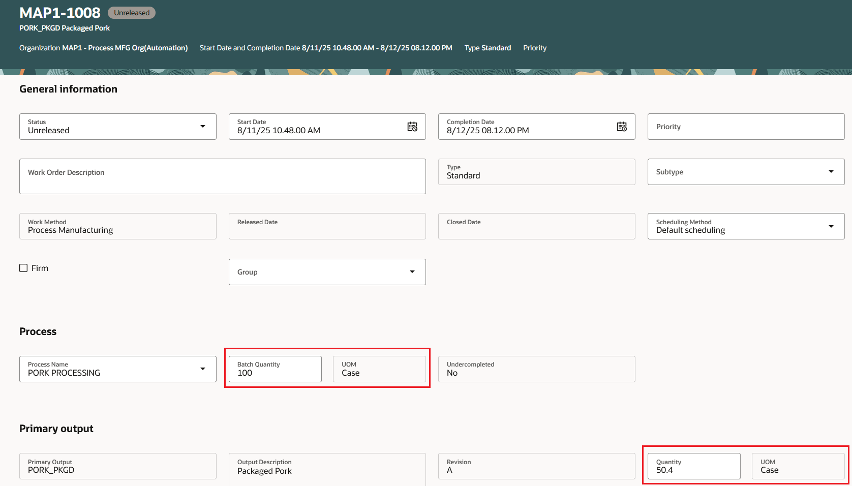 作業オーダーの処理 - バッチ数量、歩留に基づくプライマリ出力数量