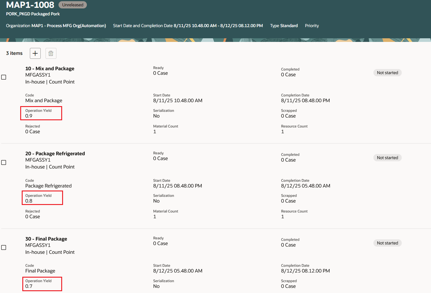 処理作業オーダー工程の工程歩留