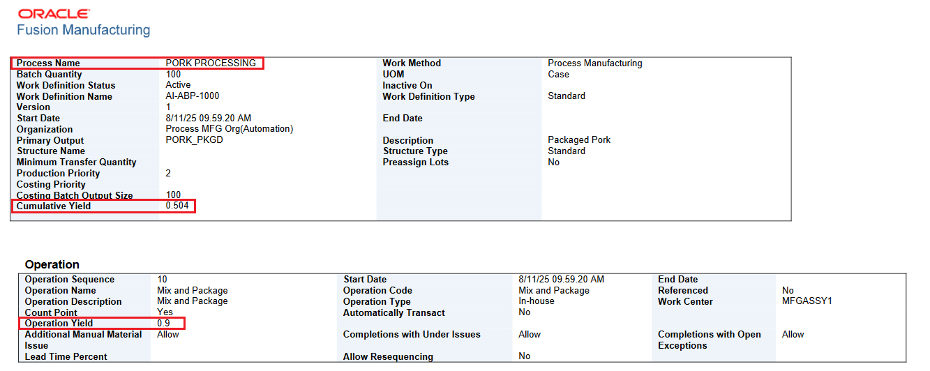 作業定義レポート - 累計歩留および工程歩留