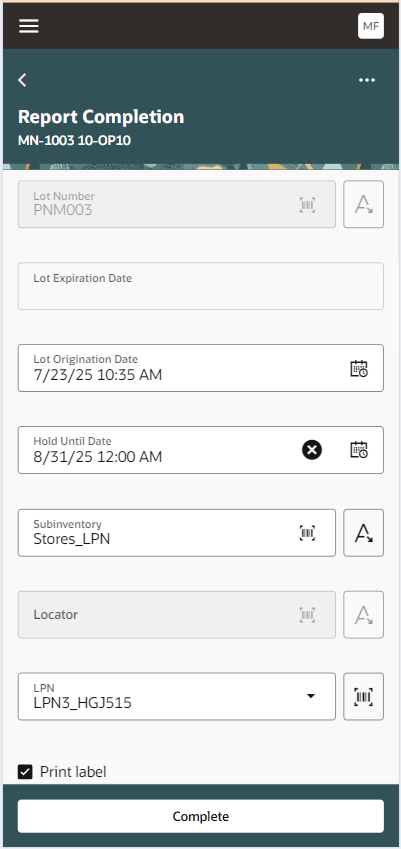 LPNを含む工程完了詳細
