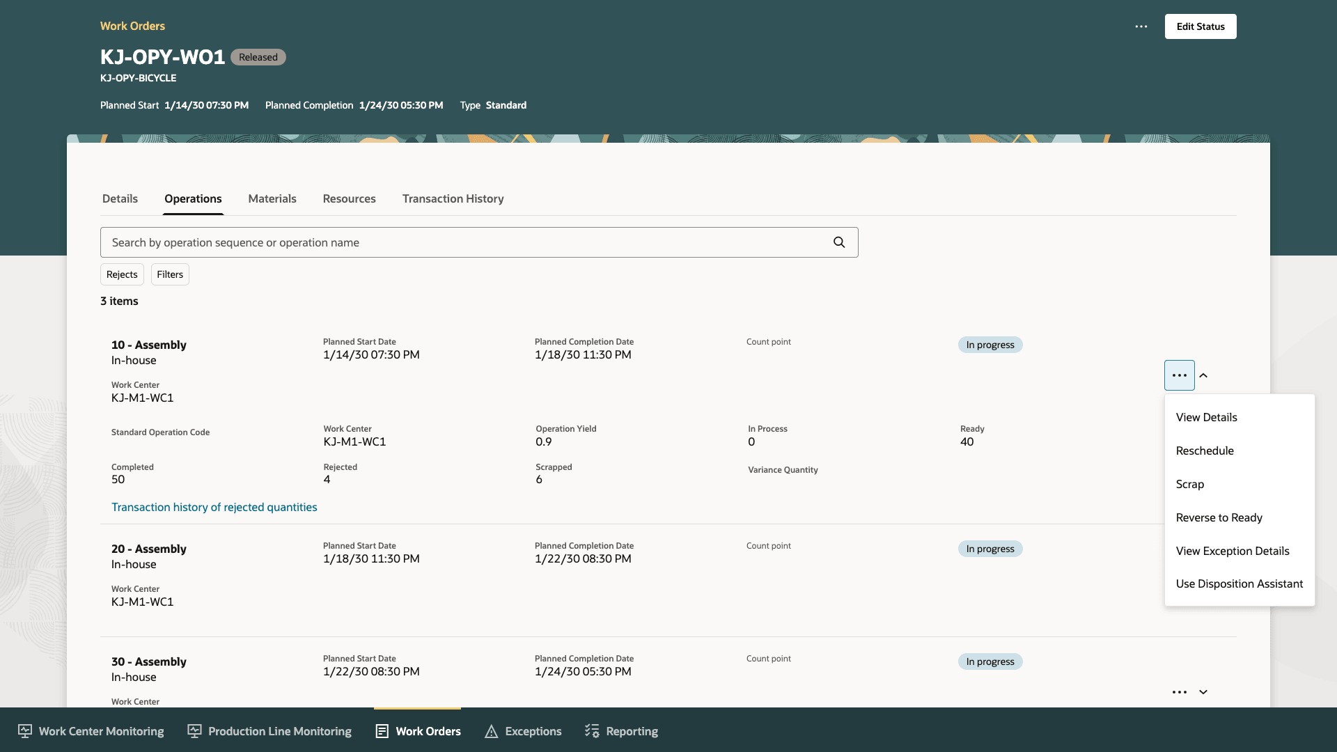 作業オーダー工程に拒否済数量がある場合、処分アシスタントを使用