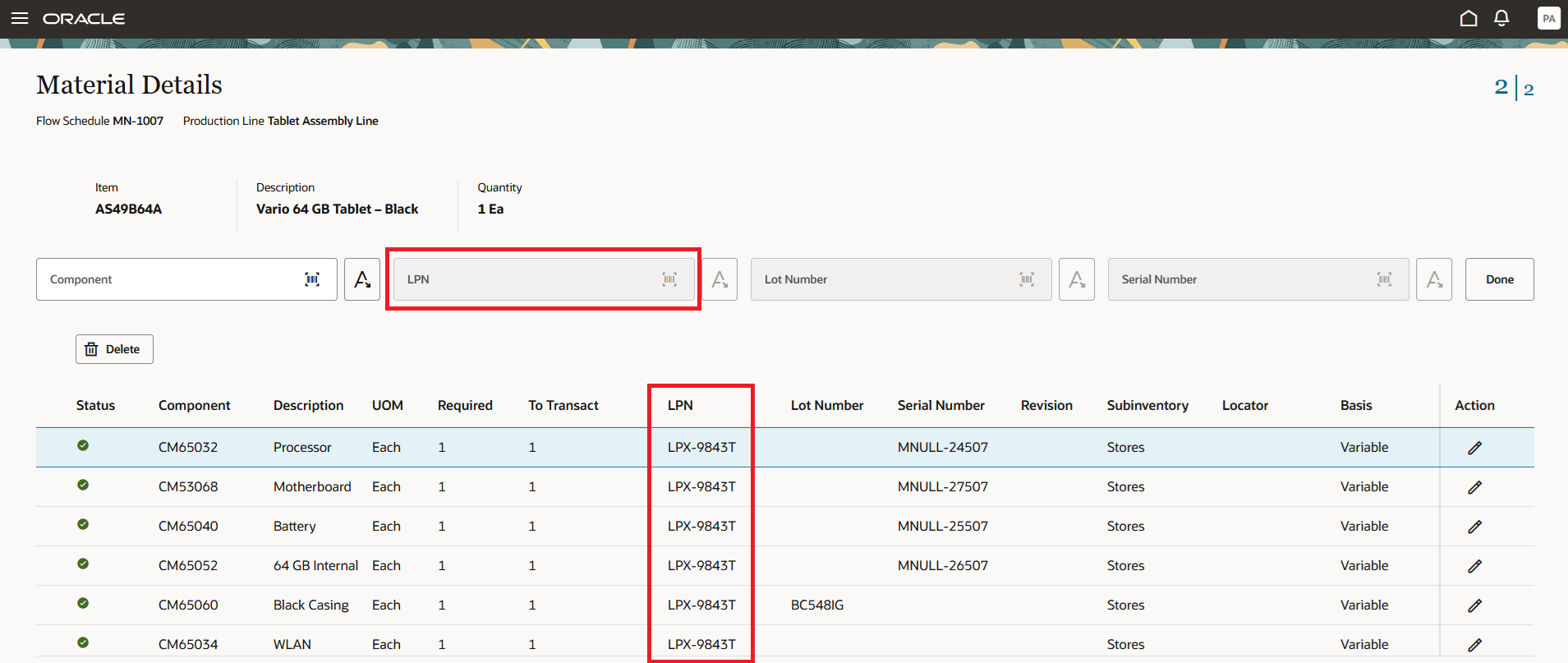 フロー・スケジュールの完了をレポート中に資材のLPNをスキャンまたは選択