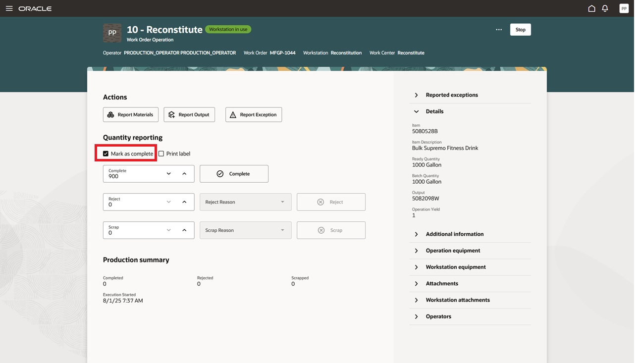 作業オーダー工程の完了をレポート