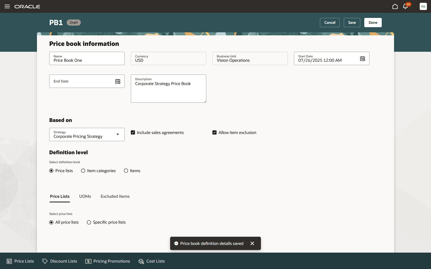 「価格表定義の作成」をクリックし、値を設定します。