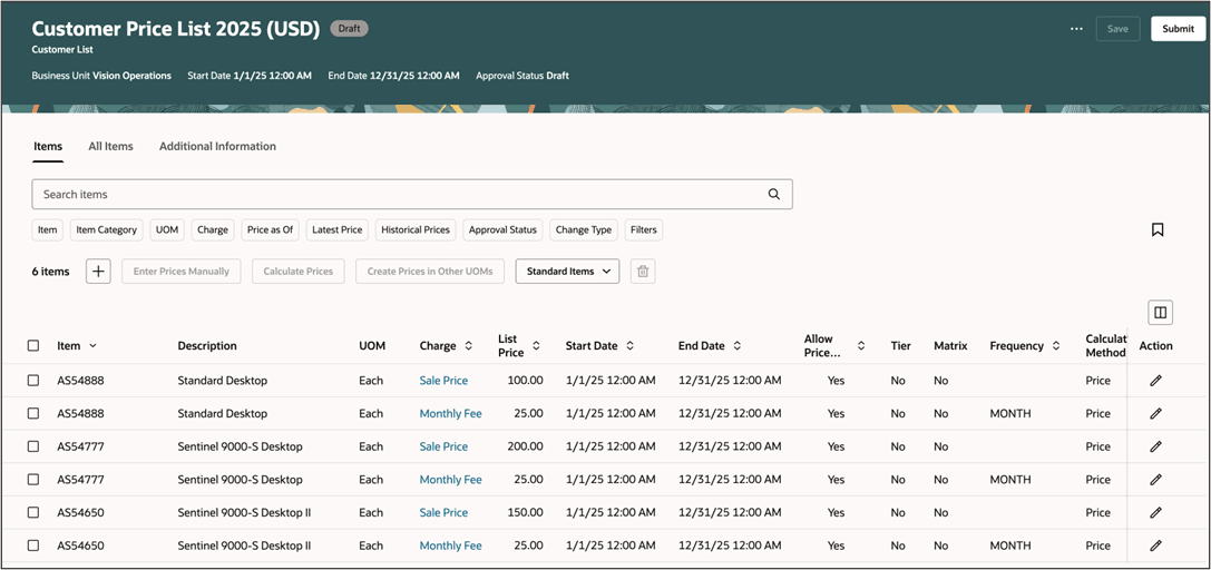 品目を追加し、手動で価格を追加し、原価リストおよび別の価格表に従って価格を計算します。