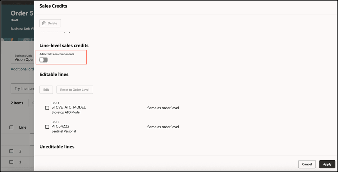 構成オプションに販売実績を追加するには、「コンポーネントにクレジットを追加」オプション