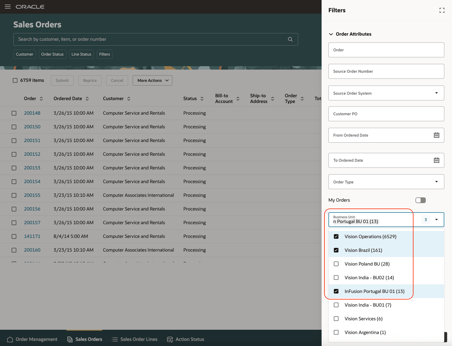 1つ以上のビジネス・ユニットからのオーダーのクローズ