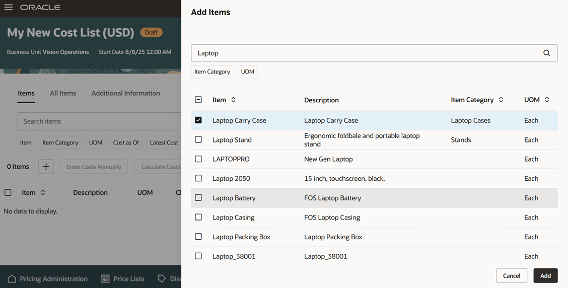 「Add Items(品目の追加)」をクリックし、品目を検索し、「Add(追加)」をクリックします。