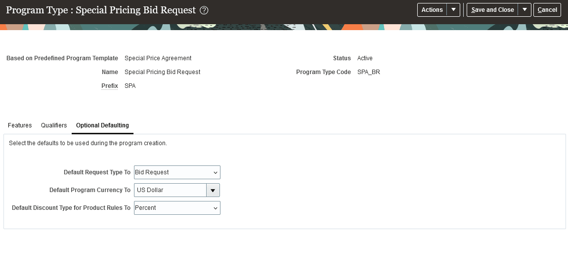 特別価格契約プログラム・タイプ - オプションのデフォルト設定