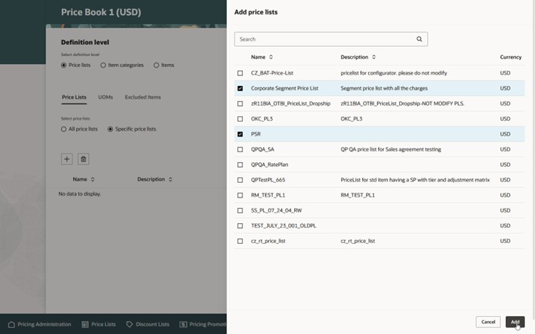 特定の価格表を選択し、必要な価格表を選択し、「追加」を選択します。