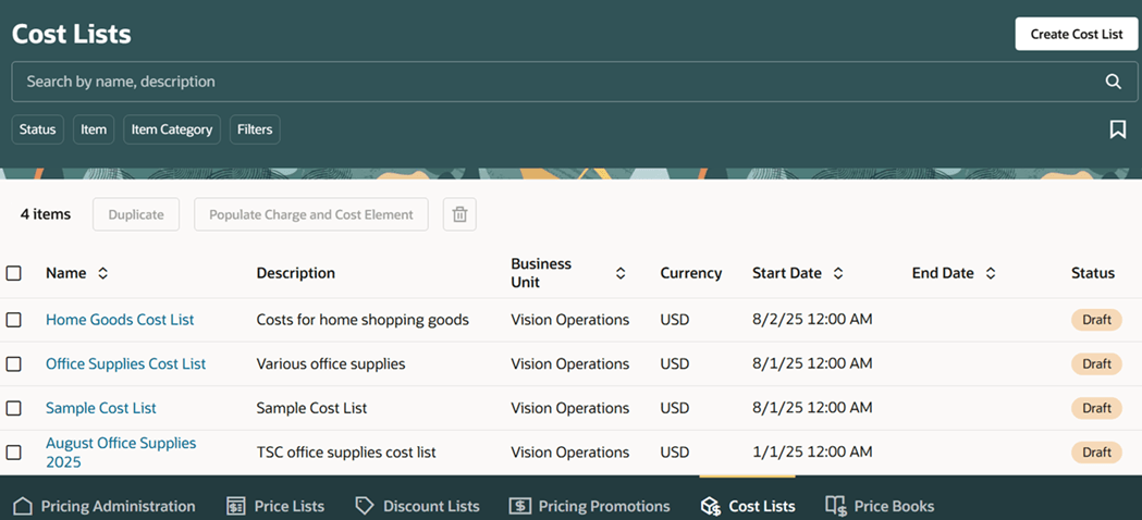 原価リストの管理- 新規