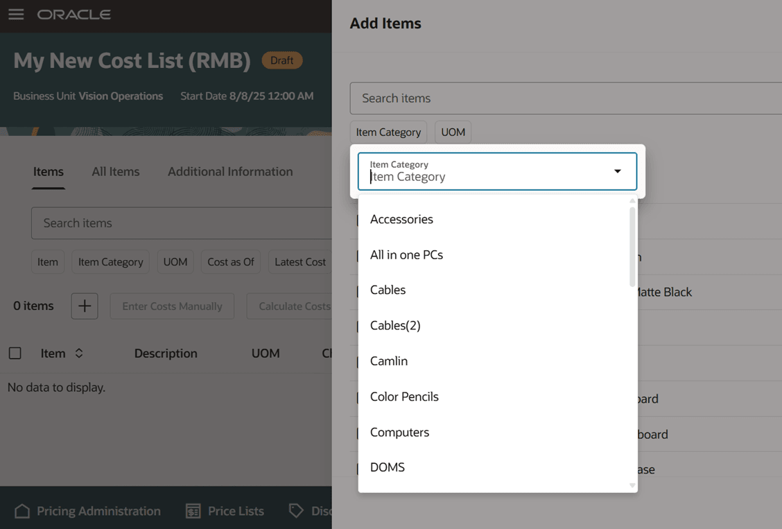 品目カテゴリまたは単位に従って結果をフィルタします。