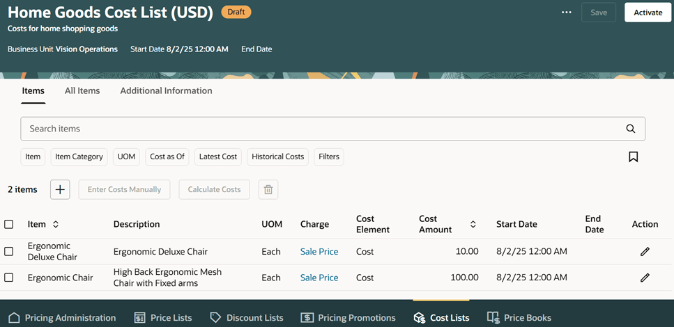 各品目の原価詳細をレビューまたは更新します。