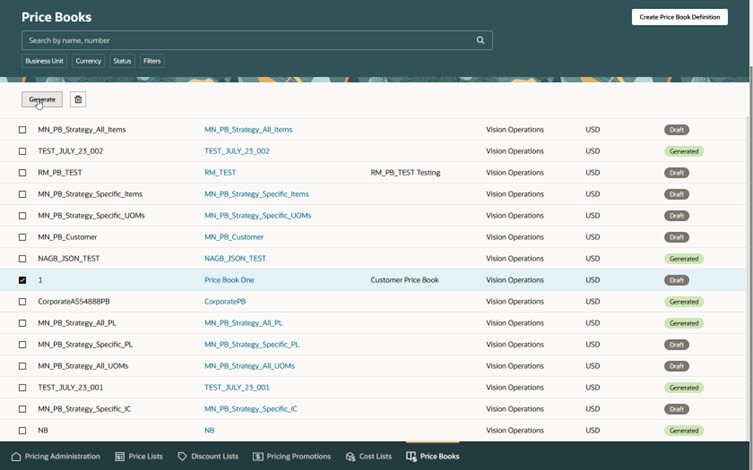価格台帳を選択し、「生成」をクリックします。