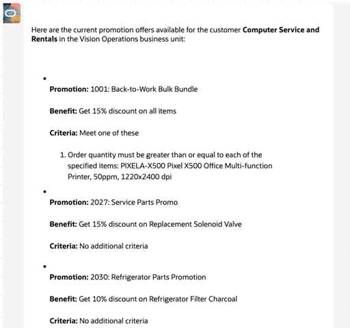 これは、推奨プロモーションのリストとプロモーションの詳細を示す、プロモーション推奨アドバイザからのレスポンスです。