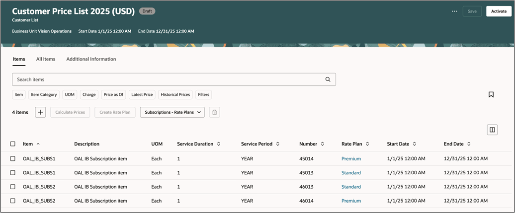 単発料金と定型料金、および料金プランのサブスクリプションの使用率の指定