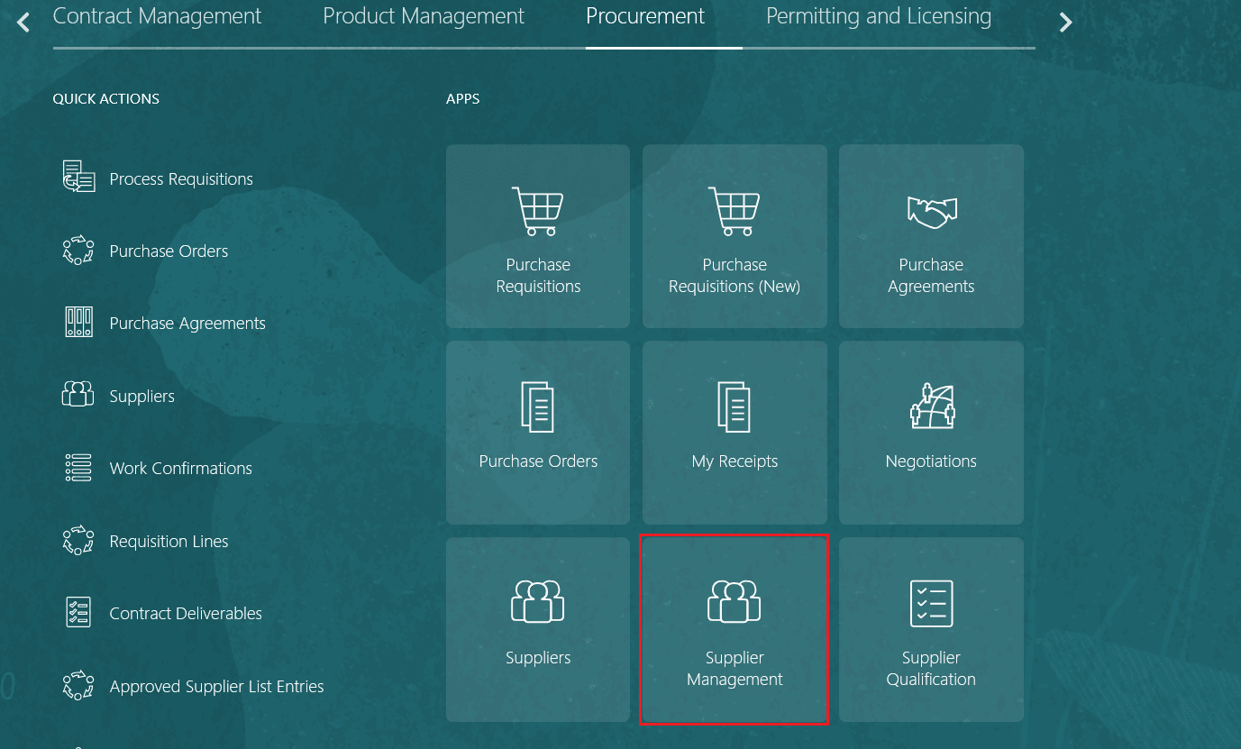 サプライヤ管理ランディング・ページにアクセスするための新規タイル