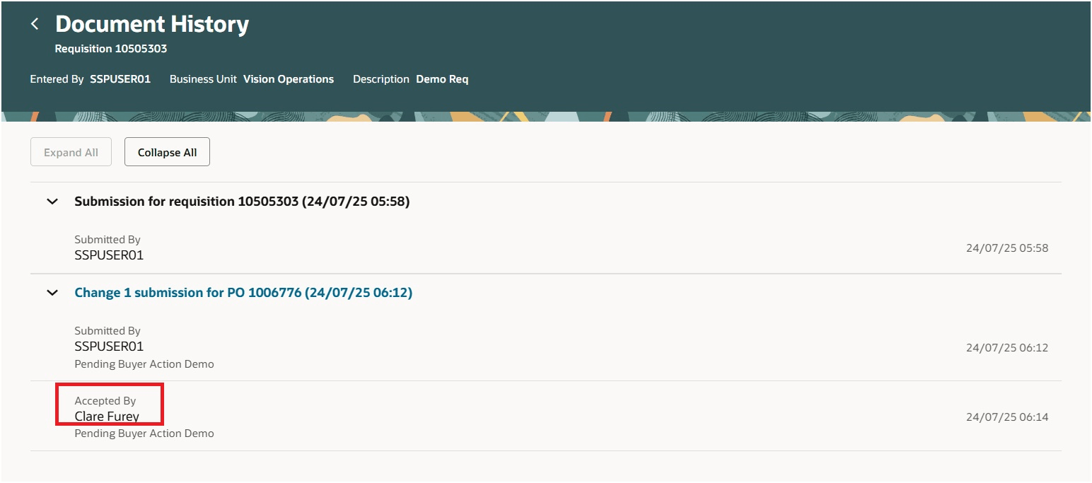 文書履歴で取得された処理の受入