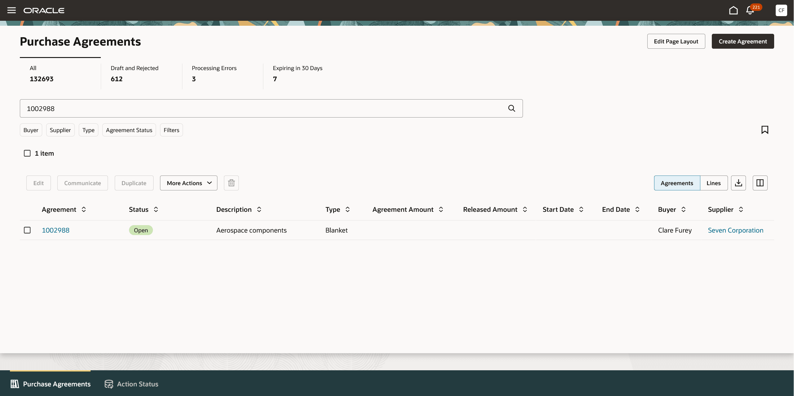 Redwoodの「購買契約」ページからの契約の表示