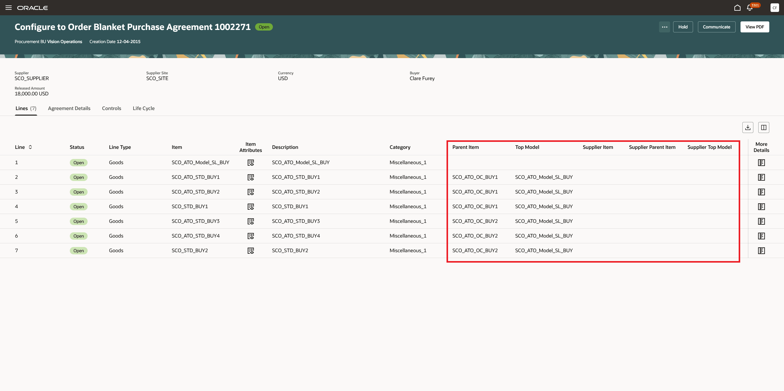 オーダー基本契約に対する構成の親品目および上位モデル