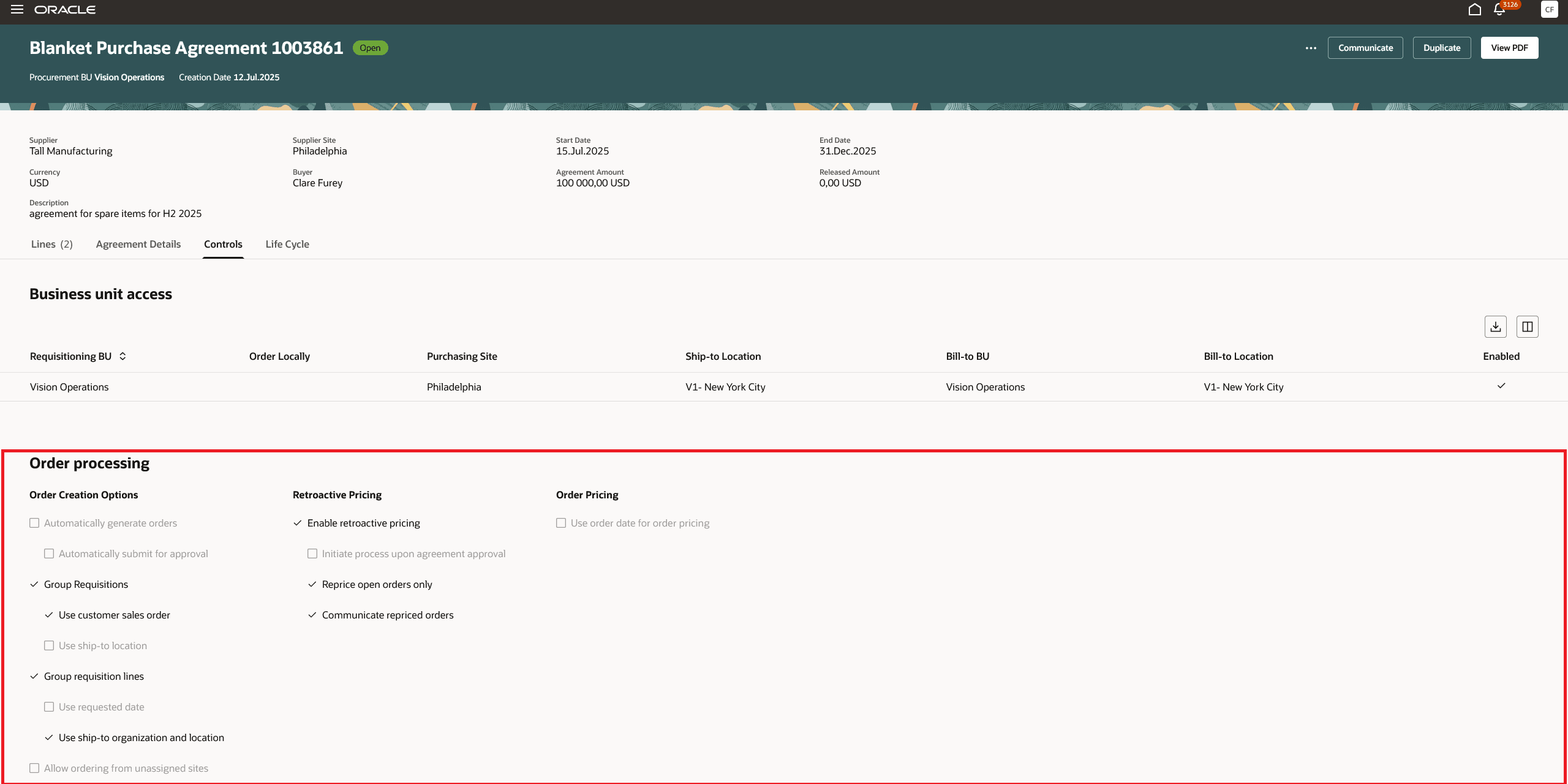 「統制下のオーダー処理」タブ