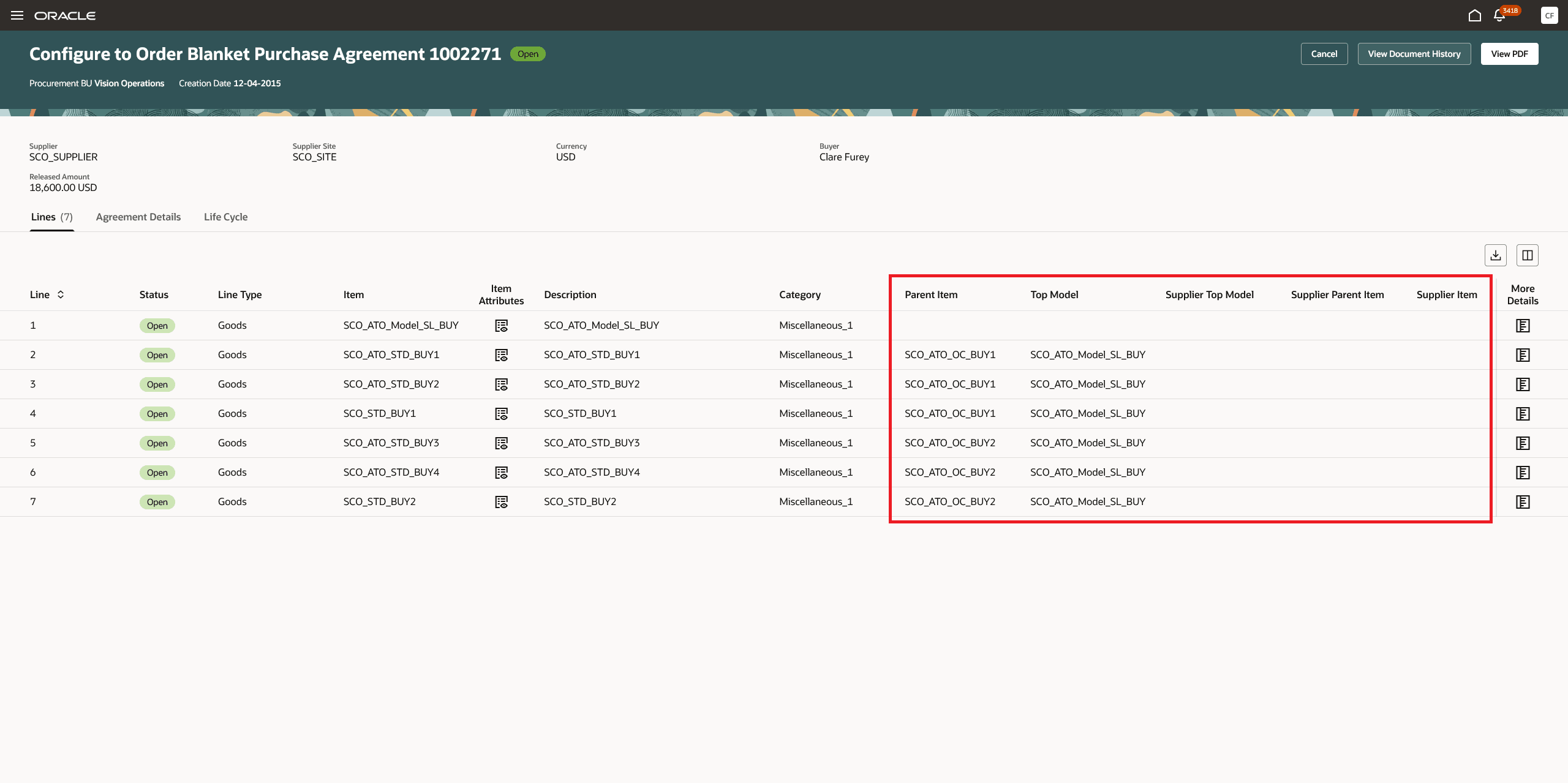 オーダー基本契約に対する構成の親品目および上位モデル