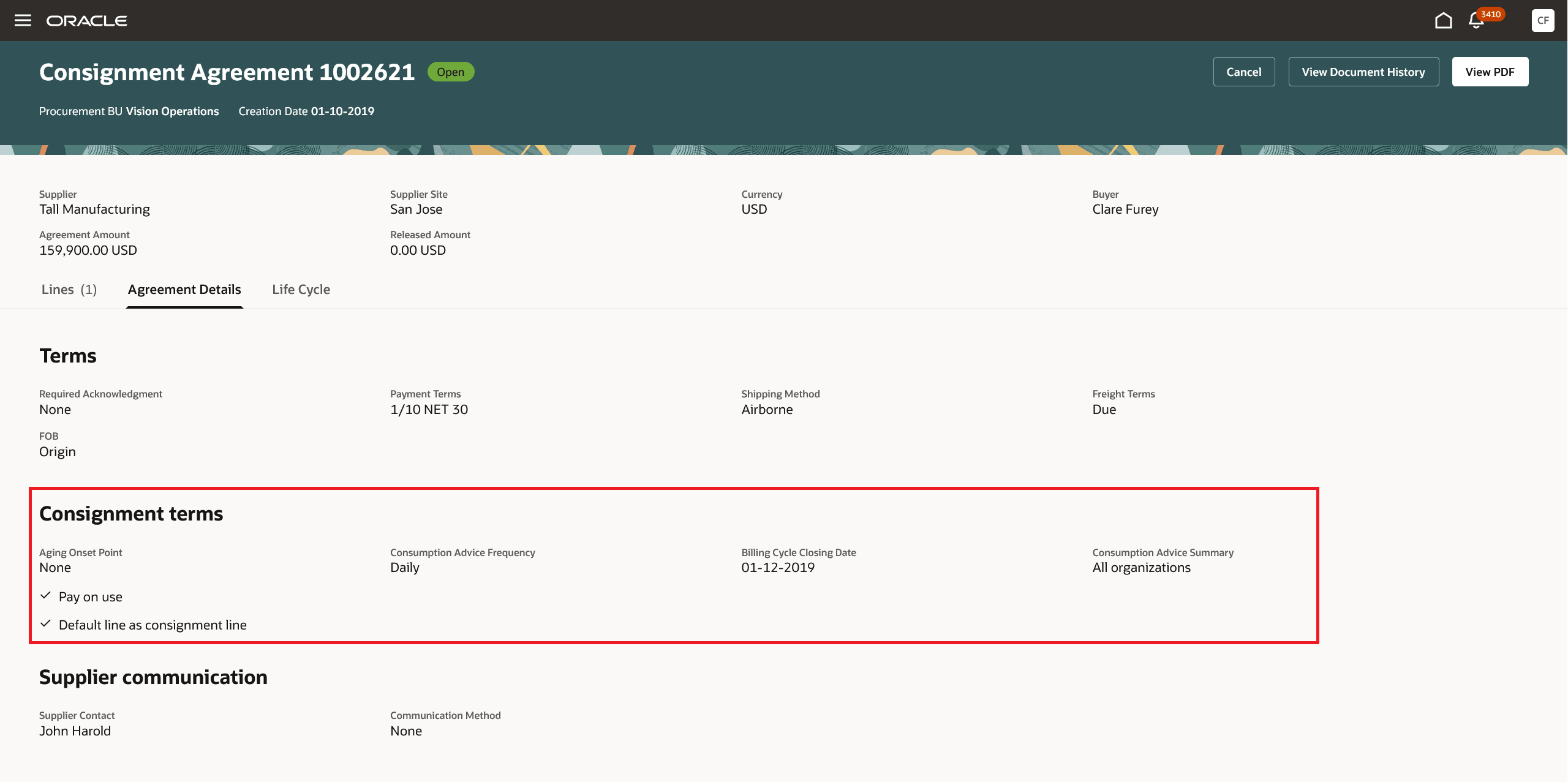「契約詳細」タブの下の委託条件