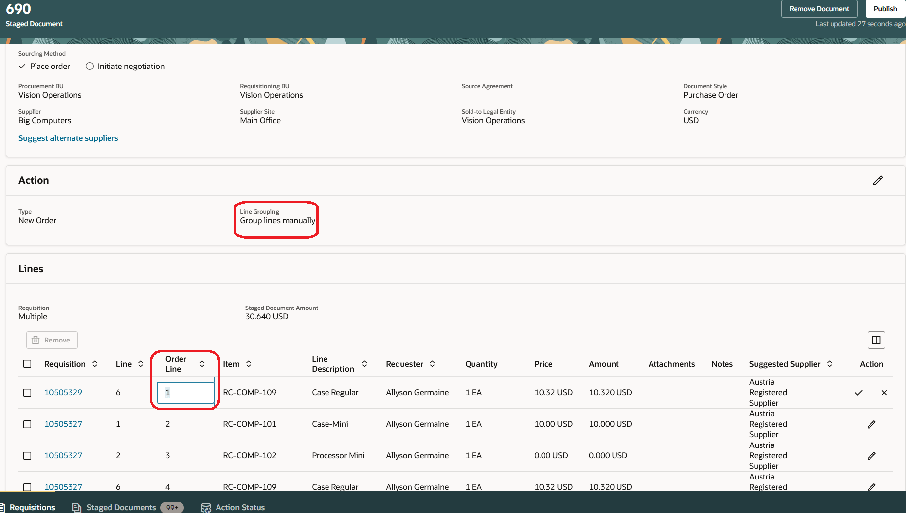 新規購買オーダーの購買依頼明細の手動グループ化時にオーダー明細番号を入力